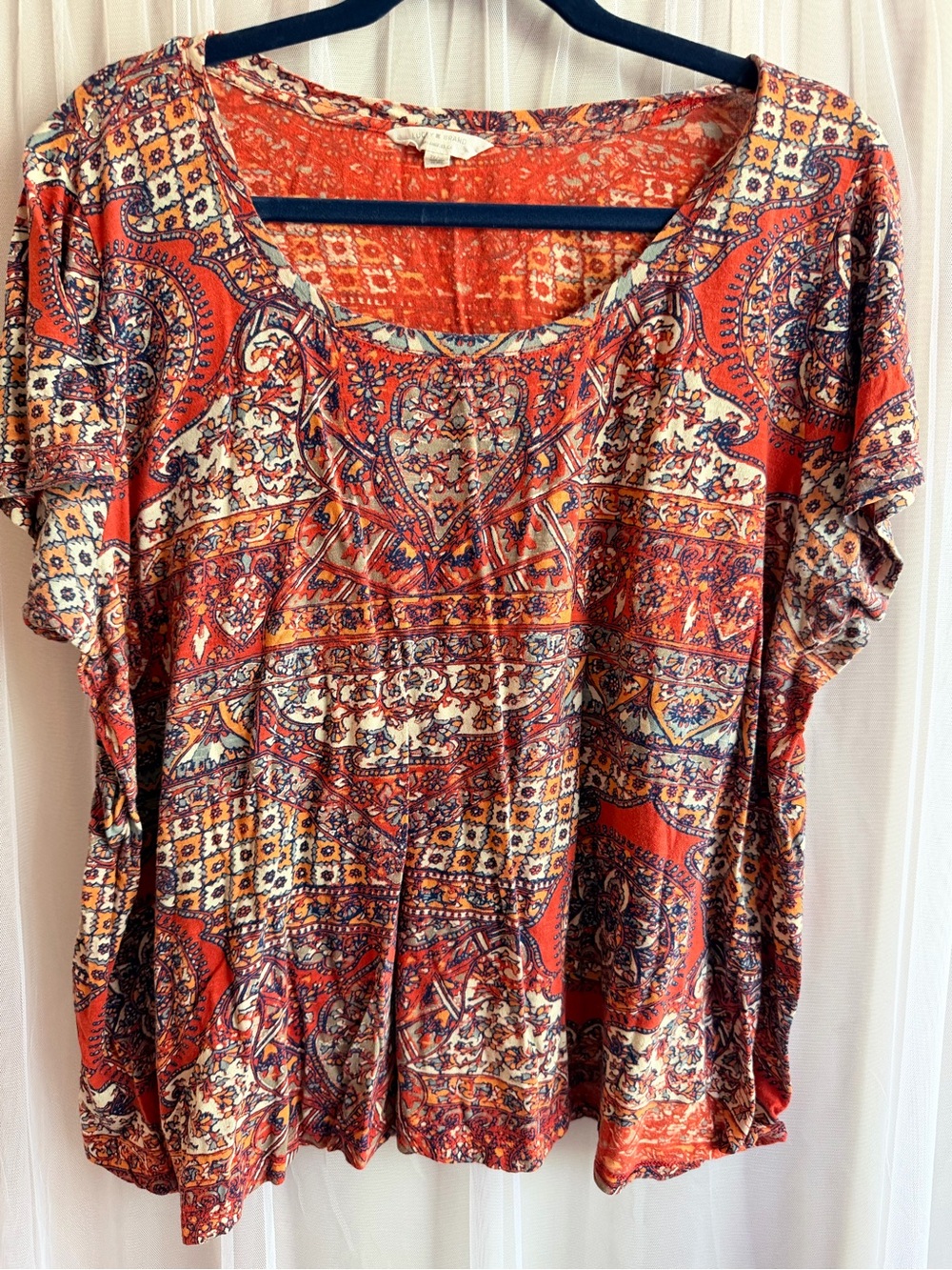 Lucky Brand Short-Sleeve Paisley Print Top in Red and Cream Sz 2X